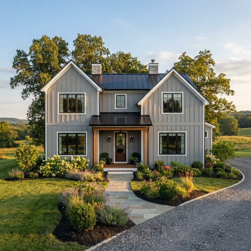Renovated farmhouse exterior with new gray siding, black windows and porch metal roof