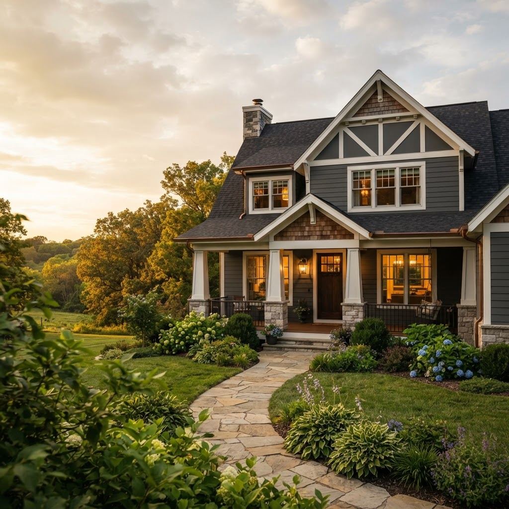 Newly renovated home exterior with fresh siding, trim, and roofing by Fleming Exterior at golden hour