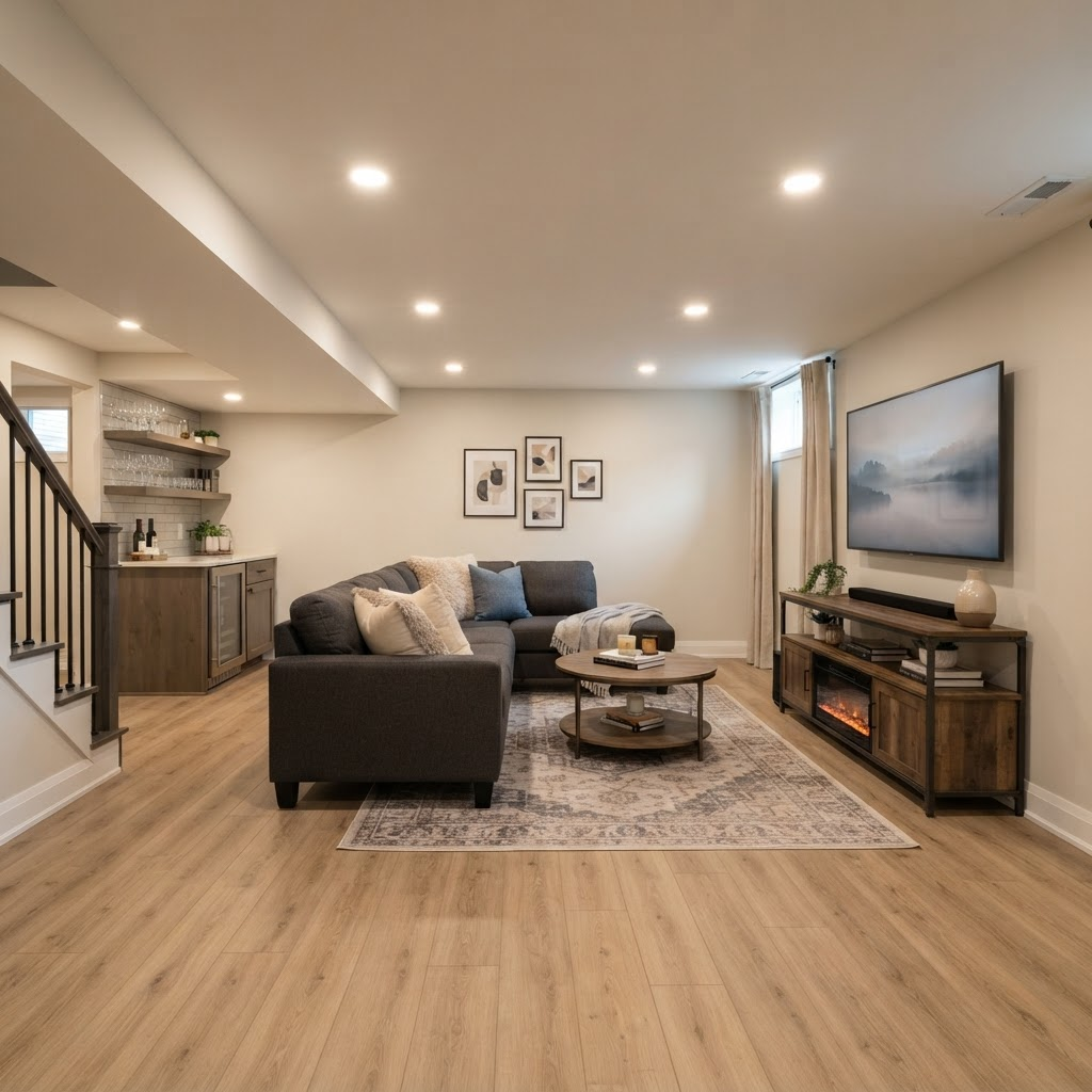Newly finished basement living space with recessed lighting and vinyl plank flooring