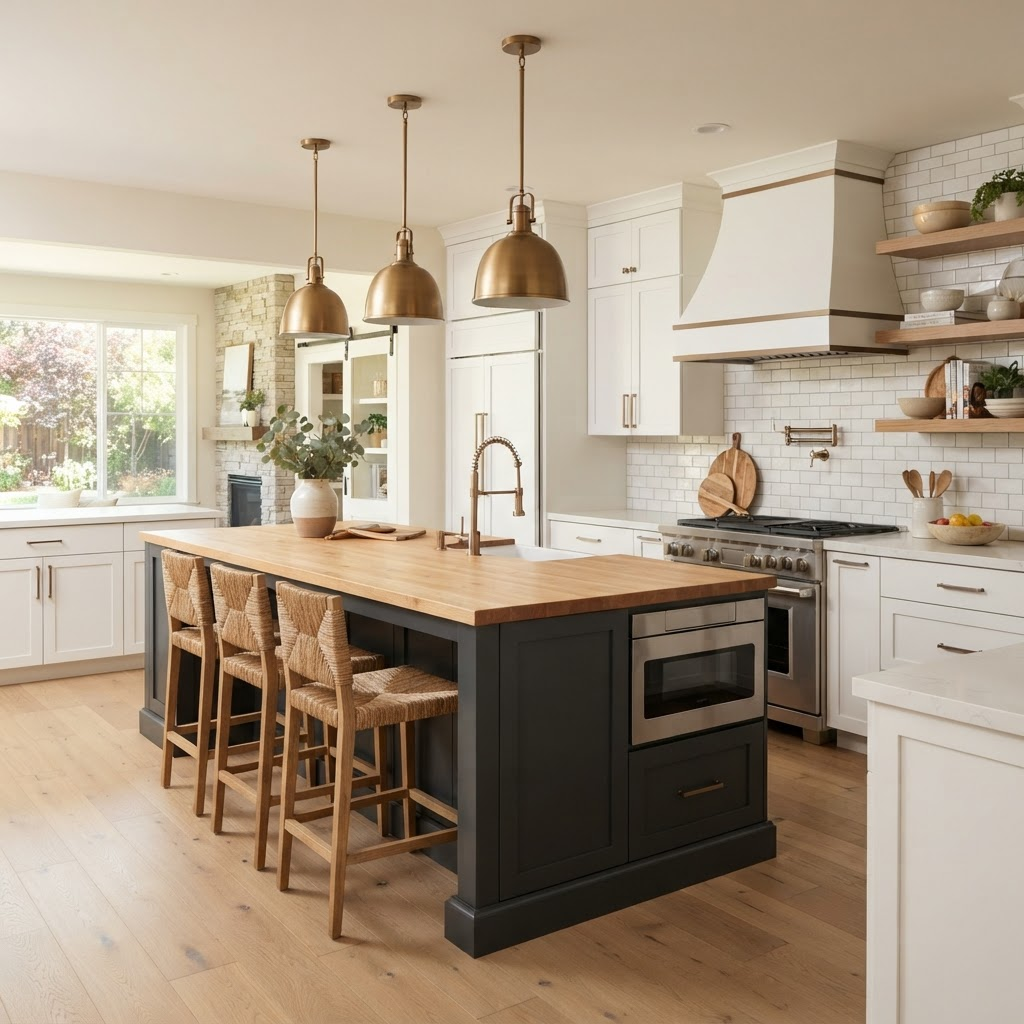 Newly remodeled kitchen with white shaker cabinets, charcoal island and quartz counters