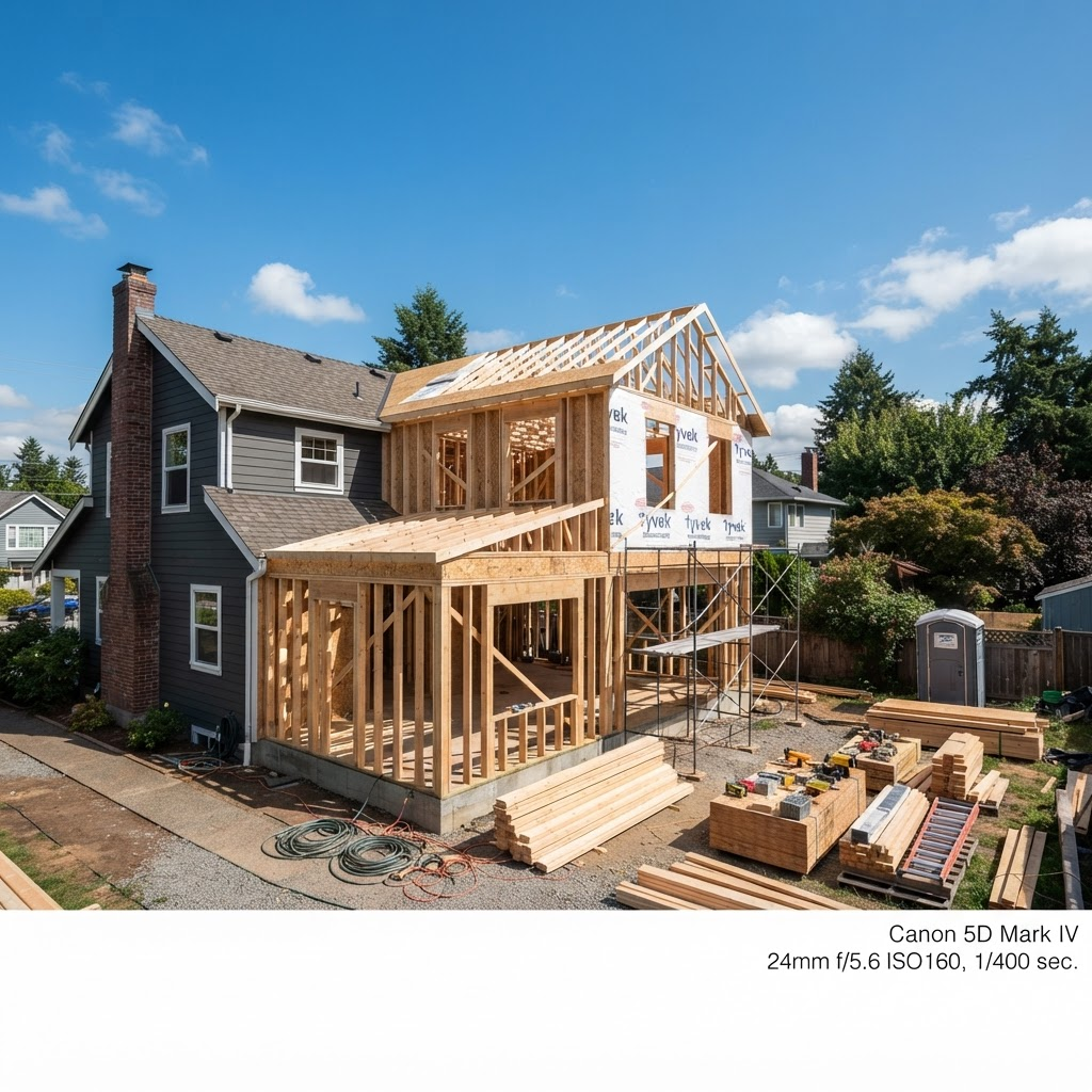 Residential home addition under construction with new wood framing attached to an existing house