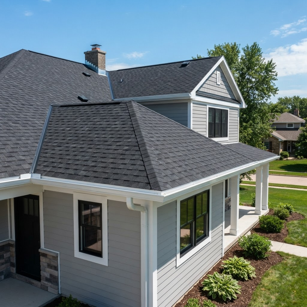 Newly installed architectural asphalt shingle roof with clean seamless gutters