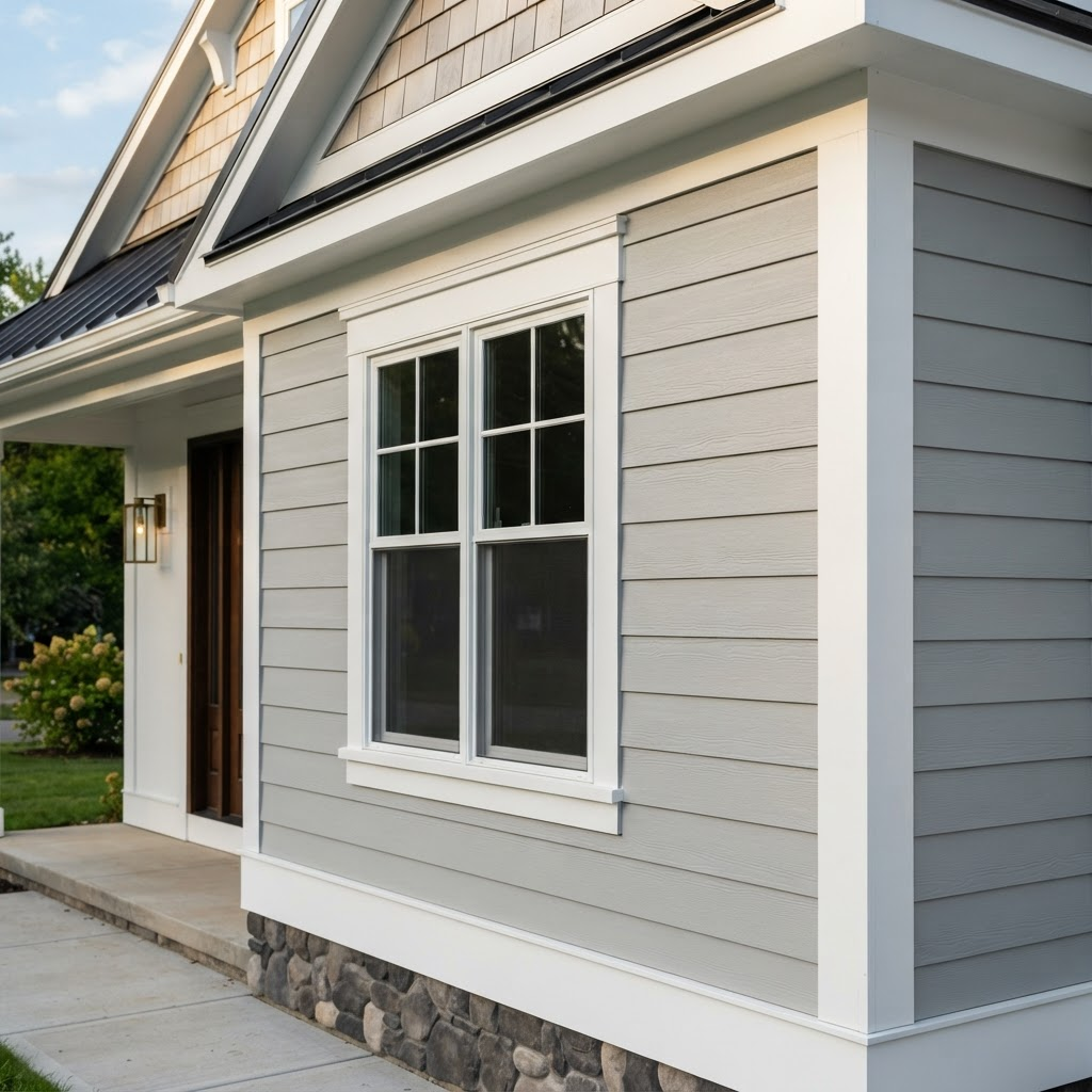 Home exterior with newly installed stone-gray lap siding and white trim